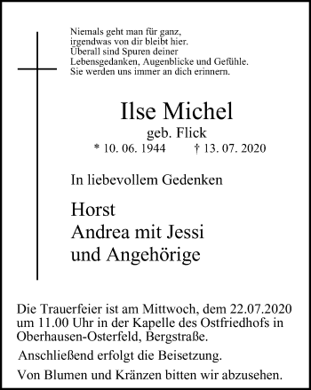 Traueranzeige von Ilse Michel von WVW Anzeigenblätter