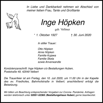 Traueranzeige von Inge Höpken von WVW Anzeigenblätter