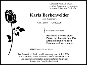 Traueranzeige von Karla Berkenvelder von WVW Anzeigenblätter