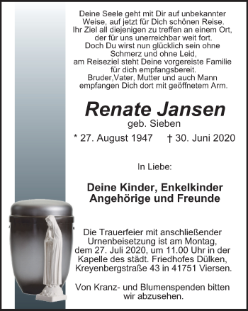 Traueranzeige von Renate Jansen von WVW Anzeigenblätter