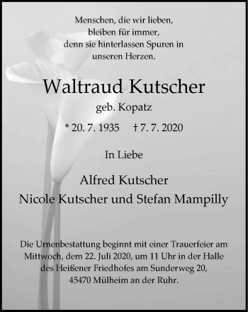 Traueranzeige von Waltraud Kutscher von WVW Anzeigenblätter
