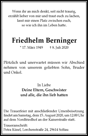 Traueranzeige von Friedhelm Berninger von WVW Anzeigenblätter