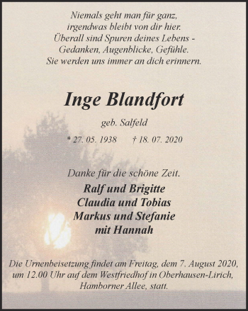 Traueranzeige von Inge Blandfort von WVW Anzeigenblätter