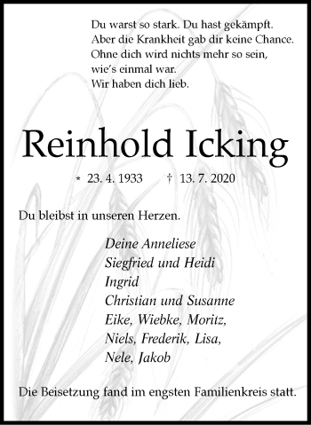 Traueranzeige von Reinhold Icking von WVW Anzeigenblätter