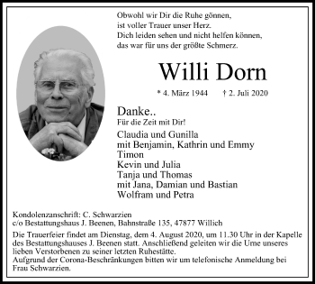 Traueranzeige von Willi Dorn von WVW Anzeigenblätter