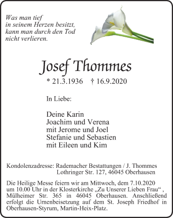 Traueranzeige von Josef Thommes von WVW Anzeigenblätter