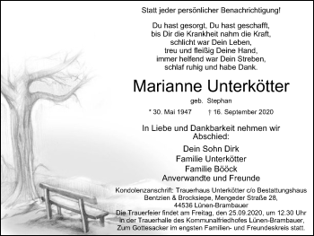 Traueranzeige von Marianne Unterkötter von WVW Anzeigenblätter