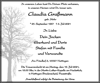 Traueranzeige von Claudia Graßmann von WVW Anzeigenblätter
