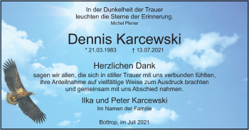 Traueranzeige von Dennis Karcewski von WVW Anzeigenblätter