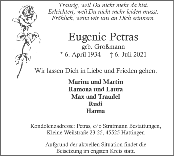 Traueranzeige von Eugenie Petras von WVW Anzeigenblätter