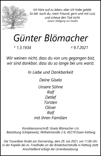 Traueranzeige von Günter Blömacher von WVW Anzeigenblätter
