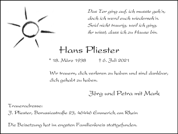 Traueranzeige von Hans Pliester von WVW Anzeigenblätter