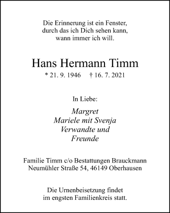 Traueranzeige von Hans Hermann Timm von WVW Anzeigenblätter