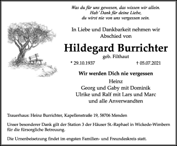 Traueranzeige von Hildegard Burrichter von WVW Anzeigenblätter