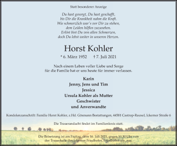 Traueranzeige von Horst Kohler von WVW Anzeigenblätter