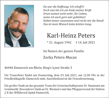 Traueranzeige von Karl-Heinz Peters von WVW Anzeigenblätter