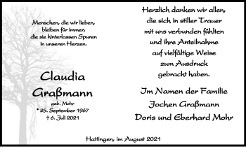 Traueranzeige von Claudia Graßmann von WVW Anzeigenblätter