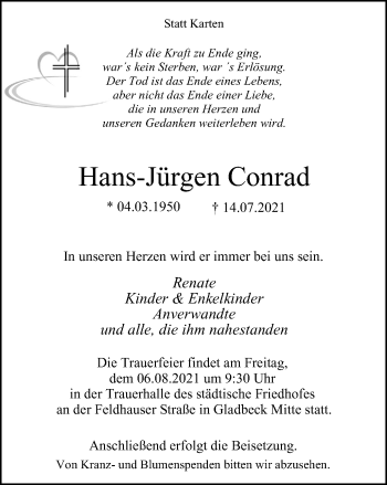 Traueranzeige von Hans-Jürgen Conrad von WVW Anzeigenblätter