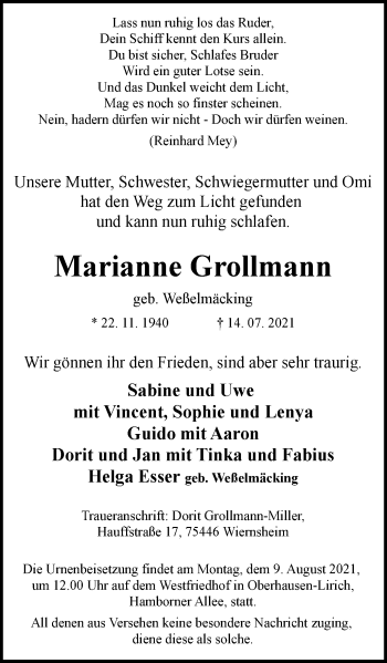 Traueranzeige von Marianne Grollmann von WVW Anzeigenblätter