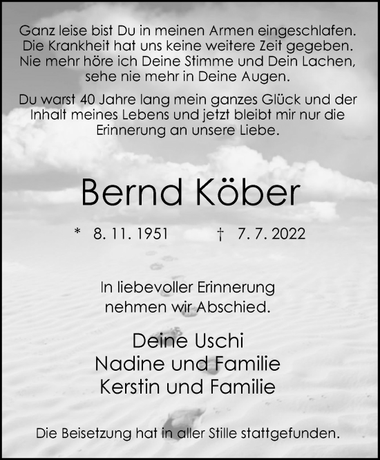 Traueranzeige von Bernd Köber von WVW Anzeigenblätter