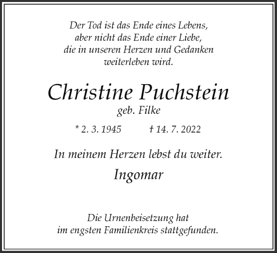 Traueranzeige von Christine Puchstein von WVW Anzeigenblätter