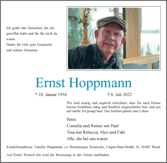 Traueranzeige von Ernst Hoppmann von WVW Anzeigenblätter