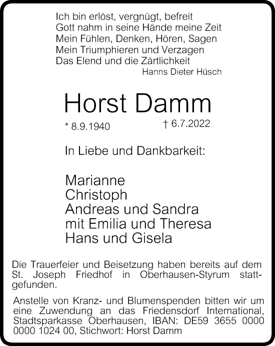Traueranzeige von Horst Damm von WVW Anzeigenblätter