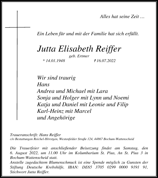 Traueranzeige von Jutta Elisabeth Reifer von WVW Anzeigenblätter
