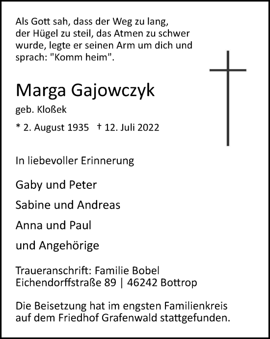 Traueranzeige von Marga Gajowczyk von WVW Anzeigenblätter