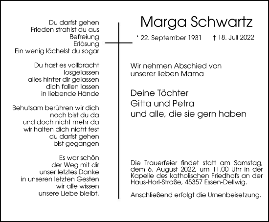 Traueranzeige von Marga Schwartz von WVW Anzeigenblätter