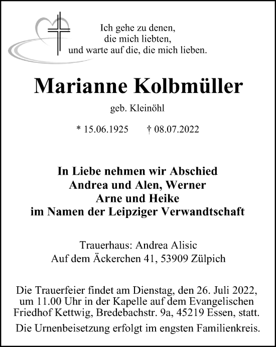 Traueranzeige von Marianne Kolbmüller von WVW Anzeigenblätter