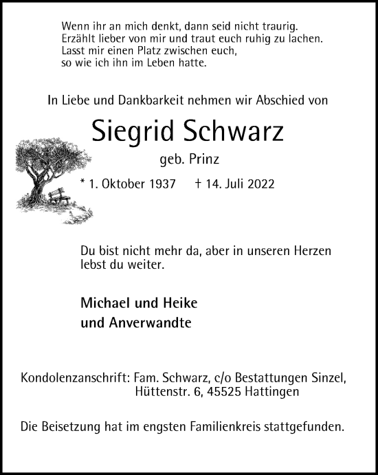 Traueranzeige von Siegrid Schwarz von WVW Anzeigenblätter