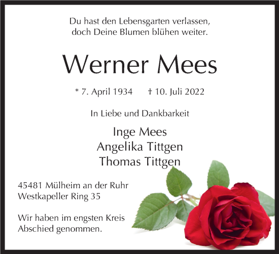 Traueranzeige von Werner Mees von WVW Anzeigenblätter