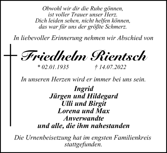 Traueranzeige von Friedhelm Rientsch von WVW Anzeigenblätter