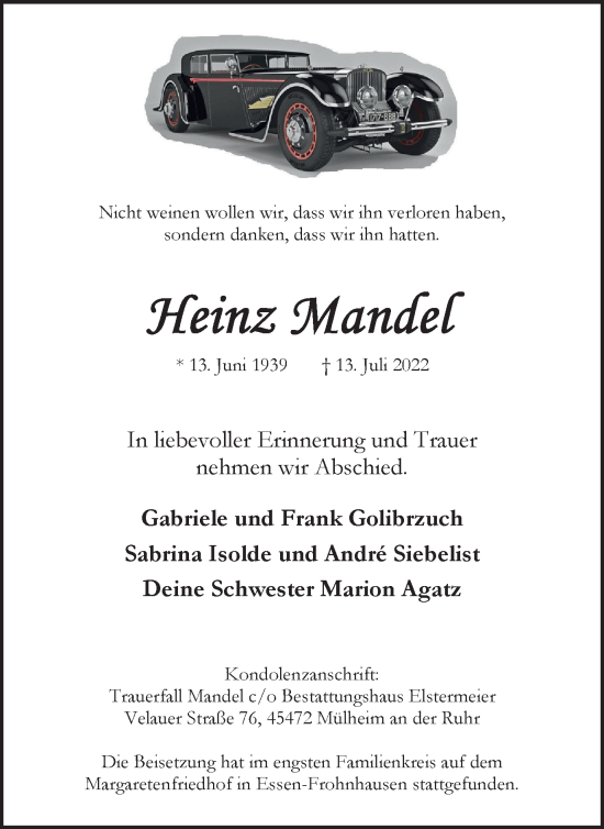Traueranzeige von Heinz Mandel von WVW Anzeigenblätter