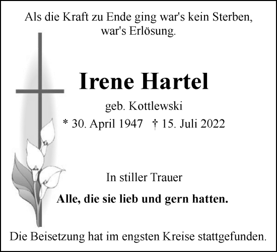 Traueranzeige von Irene Hartel von WVW Anzeigenblätter