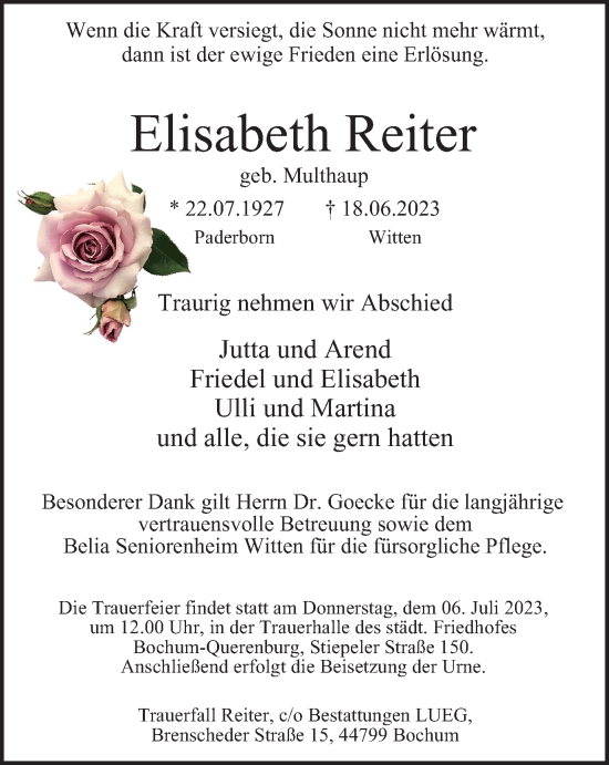 Traueranzeige von Elisabeth Reiter von Tageszeitung