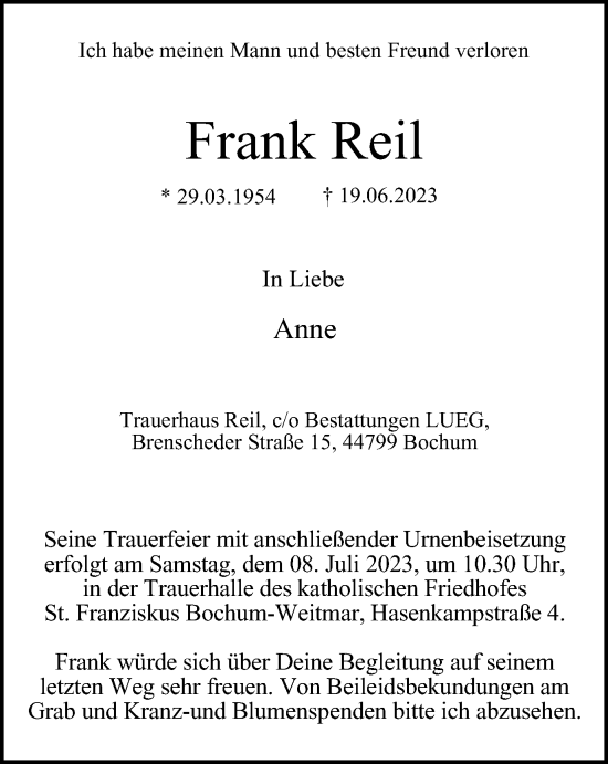 Traueranzeige von Frank Reil von Tageszeitung