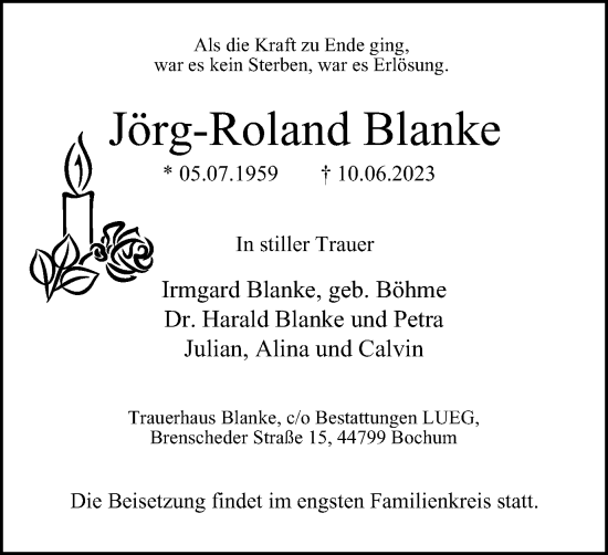 Traueranzeige von Jörg-Roland Blanke von Tageszeitung