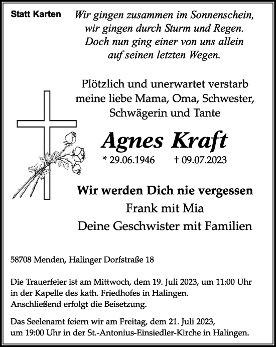 Traueranzeige von Agnes Kraft von Tageszeitung