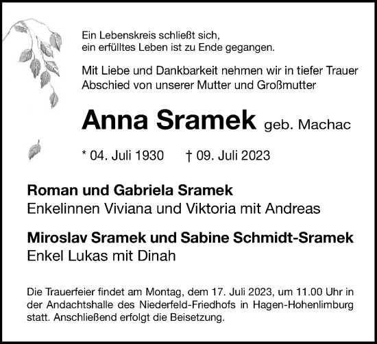 Traueranzeige von Anna Sramek von Tageszeitung