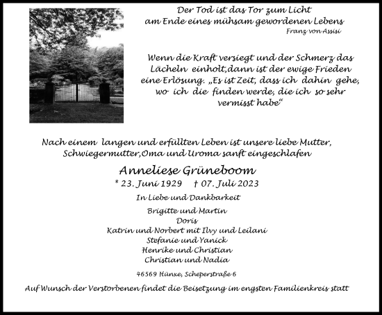 Traueranzeige von Anneliese Grüneboom von Tageszeitung