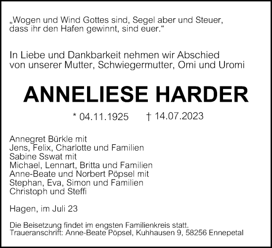Traueranzeige von Anneliese Harder von Tageszeitung