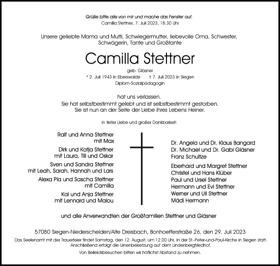Traueranzeige von Camilla Stettner von Tageszeitung