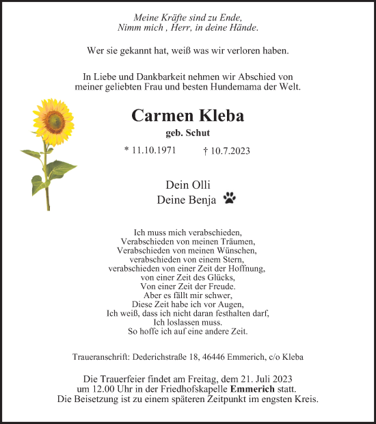 Traueranzeige von Carmen Kleba von Tageszeitung