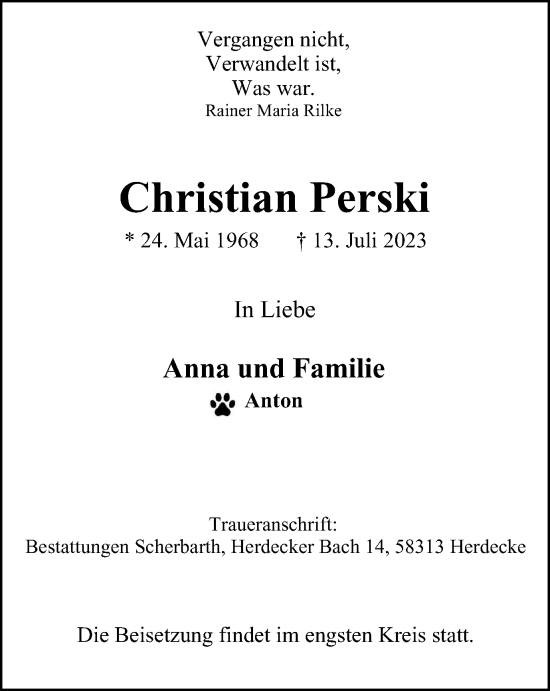 Traueranzeige von Christian Perski von Tageszeitung