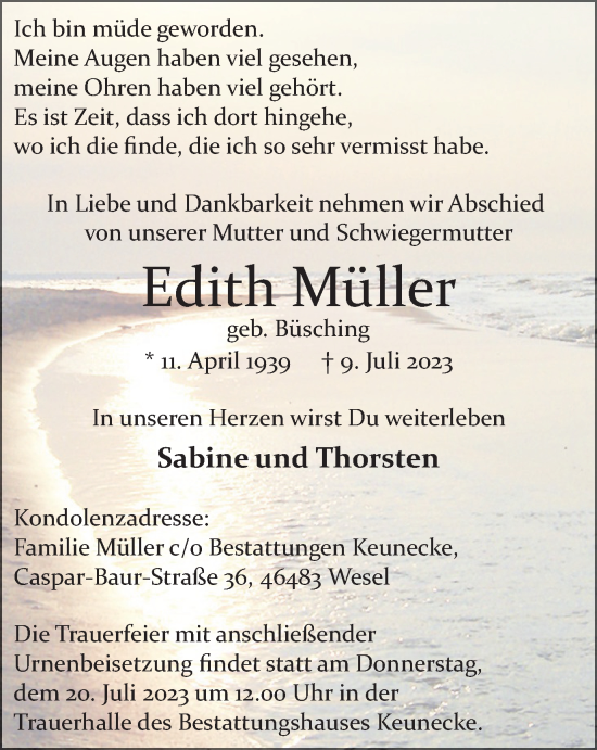 Traueranzeige von Edith Müller von Tageszeitung