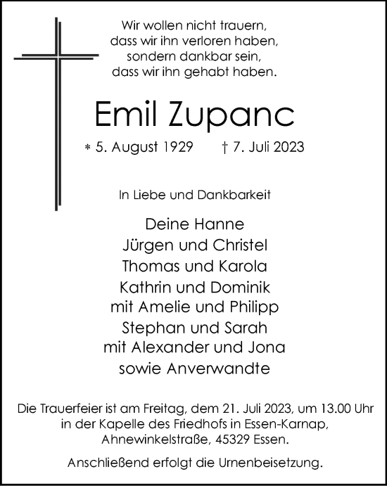 Traueranzeige von Emil Zupanc von Tageszeitung