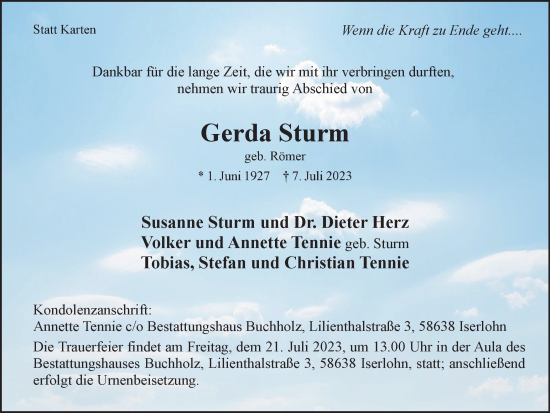 Traueranzeige von Gerda Sturm von Tageszeitung