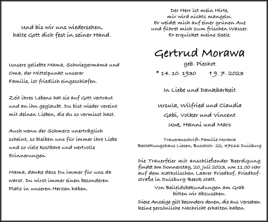Traueranzeige von Gertrud Morawa von Tageszeitung